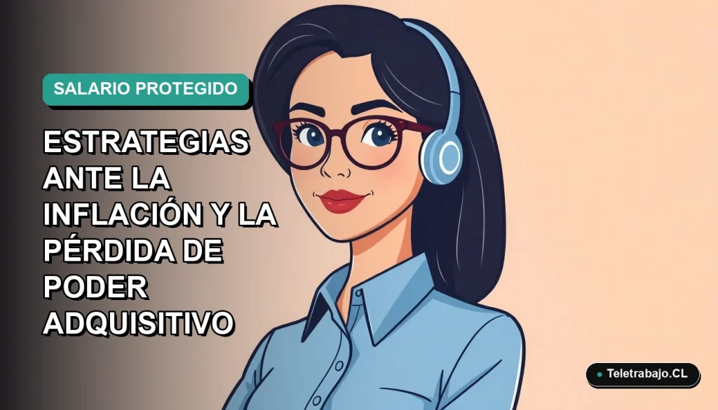 Ilustración plana corporativa de mujer profesional chilena con blusa azul y lentes, sobre fondo degradado verde azulado, concepto de protección salarial e inflación 2026.