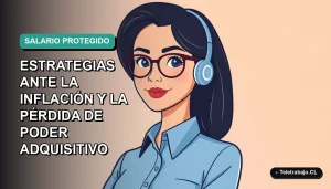 Ilustración plana corporativa de mujer profesional chilena con blusa azul y lentes, sobre fondo degradado verde azulado, concepto de protección salarial e inflación 2026.