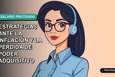 Ilustración plana corporativa de mujer profesional chilena con blusa azul y lentes, sobre fondo degradado verde azulado, concepto de protección salarial e inflación 2026.