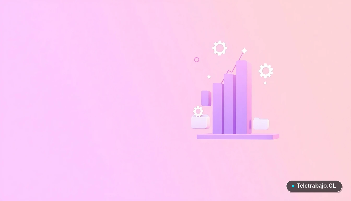 Composición abstracta de interfaz de usuario con gráficos, engranajes y carpetas flotantes en tonos lavanda y durazno, sobre fondo degradado, representando estrategias financieras y tecnológicas.