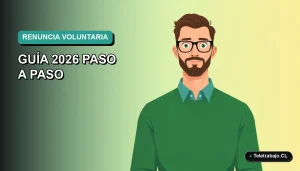 Ilustración plana vectorial de un trabajador masculino de teletrabajo con suéter verde, sobre fondo degradado azul y verde, representando la redacción de una carta de renuncia voluntaria en Chile.