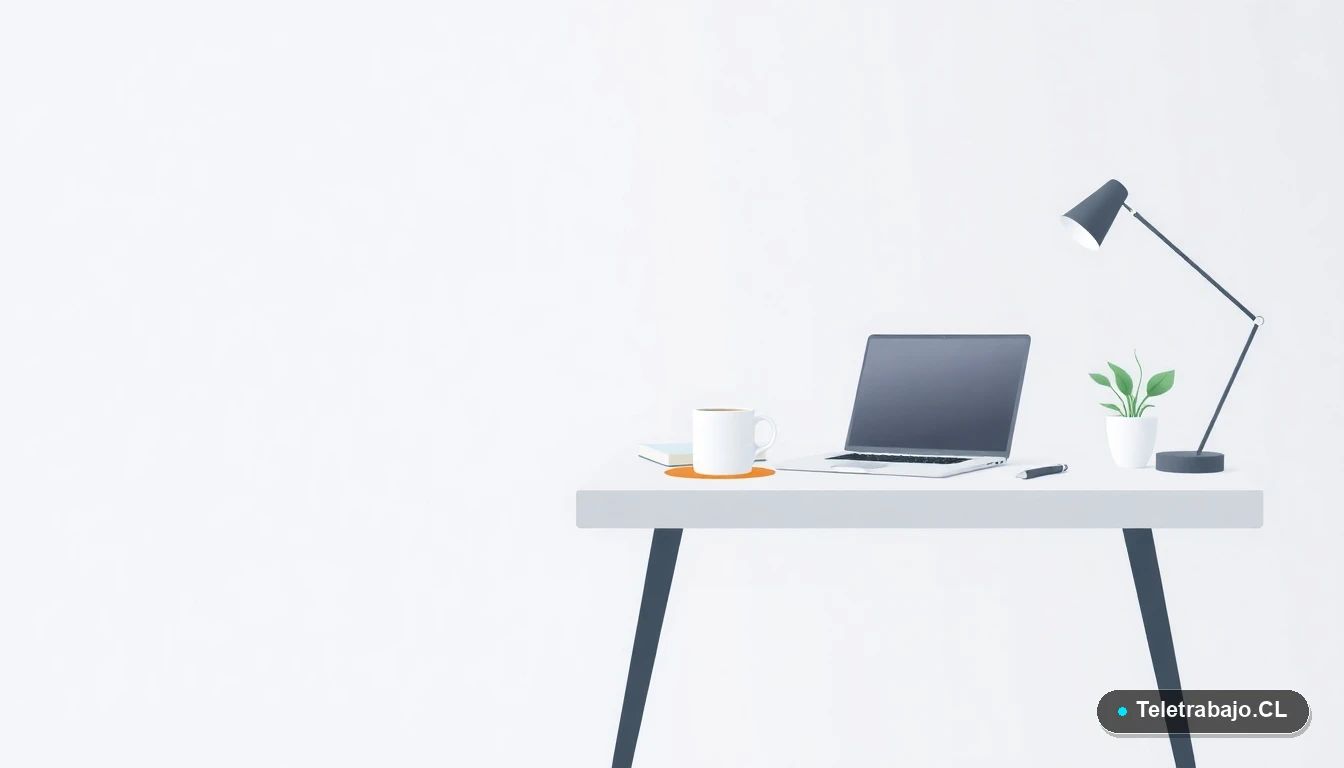Escritorio moderno minimalista de teletrabajo con laptop, cuaderno, taza de café y planta, sobre fondo degradado frío, concepto de espacio de trabajo para redactar documentos formales.