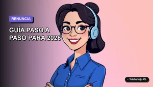 Ilustración vectorial plana de una mujer profesional chilena con blusa azul, sonriendo, sobre fondo degradado lavanda. Concepto de renuncia laboral.