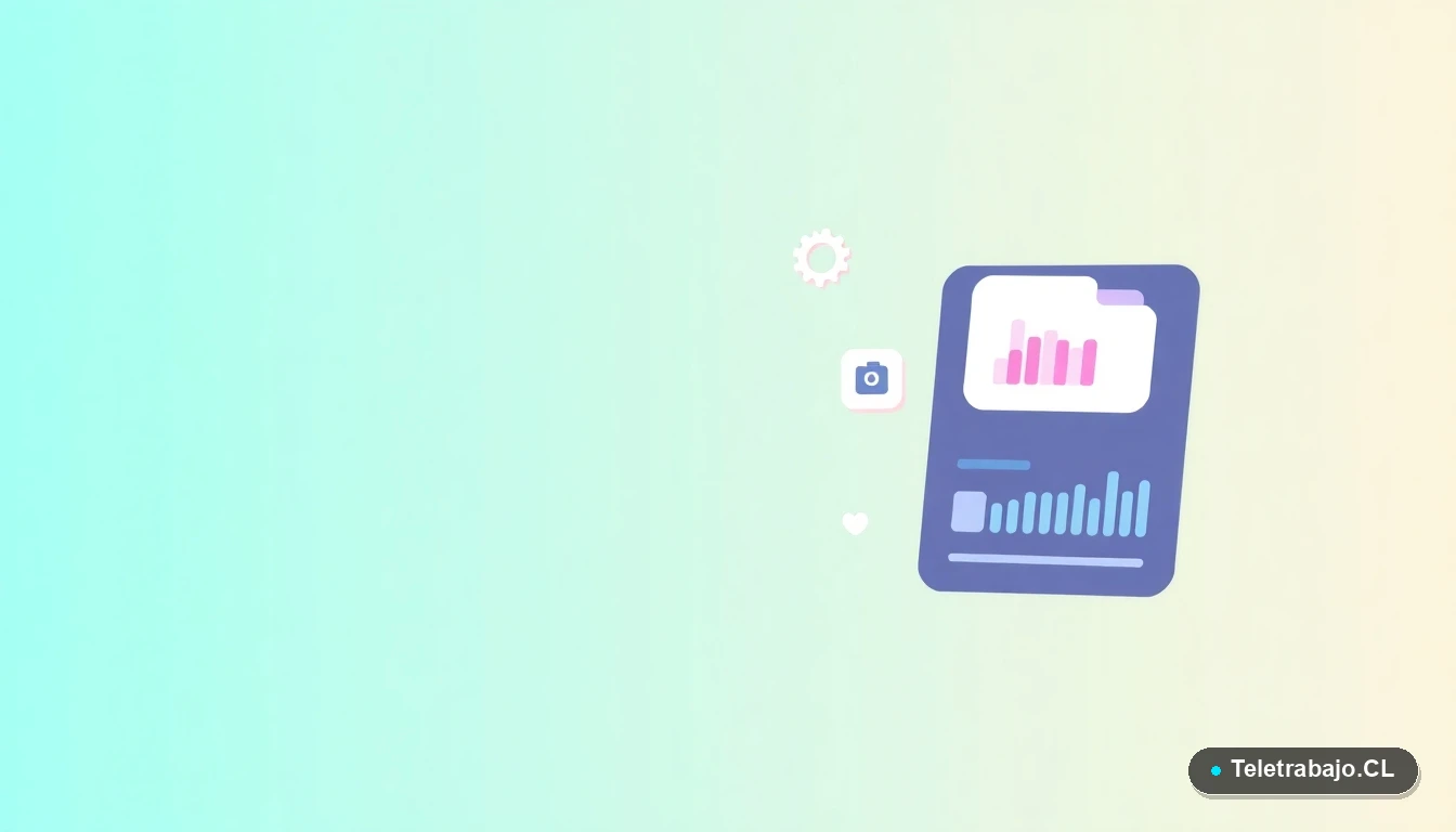 Ilustración abstracta de interfaz de usuario con gráficos flotantes y un engranaje, sobre fondo degradado verde menta. Concepto de procesos y documentación laboral.