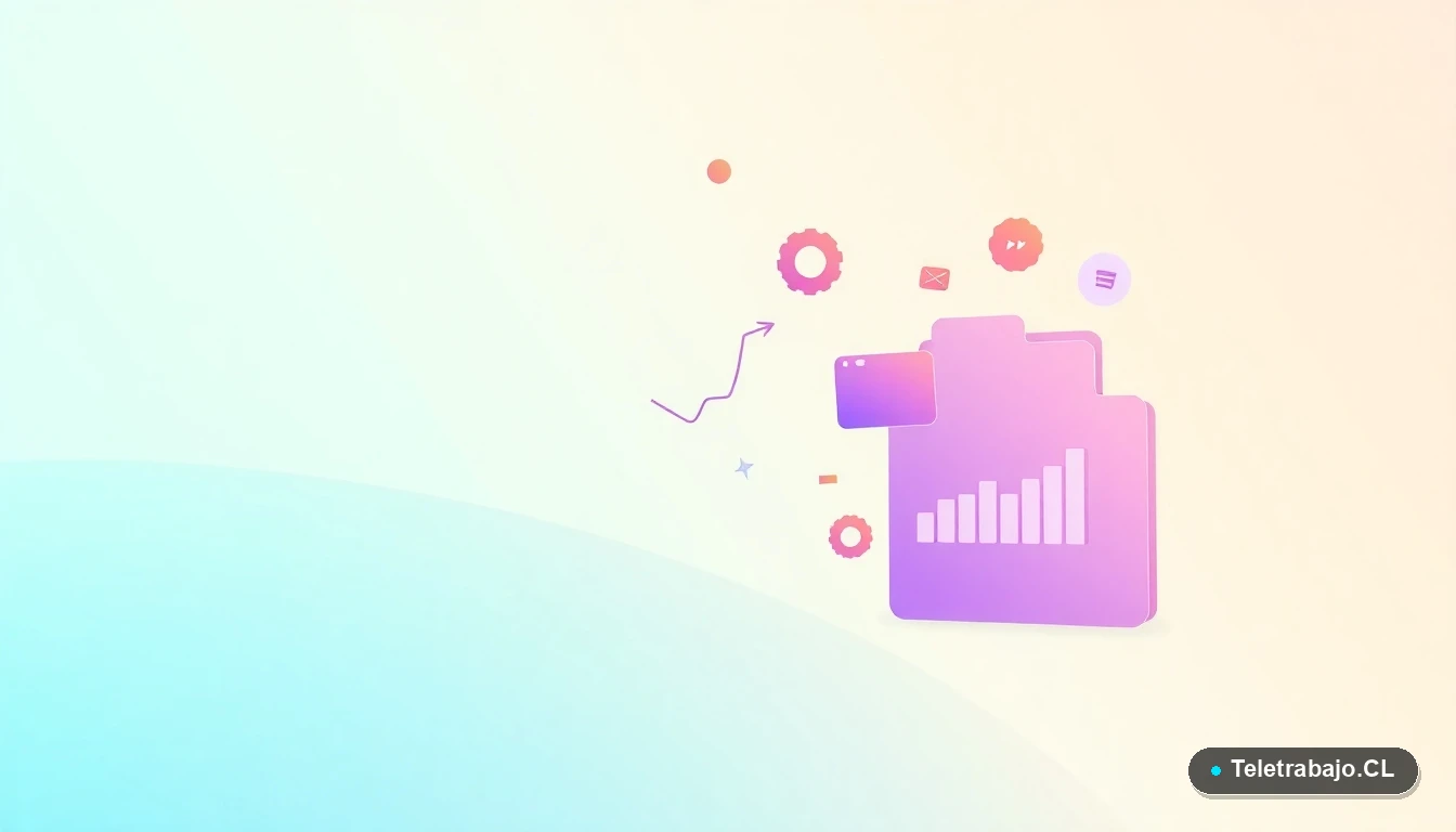 Ilustración abstracta de interfaz de usuario con gráficos y iconos flotantes, sobre fondo degradado verde menta.