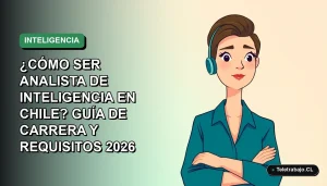 Ilustración vectorial plana de una mujer profesional chilena analizando datos, guía de carrera para ser analista de inteligencia en Chile 2026.