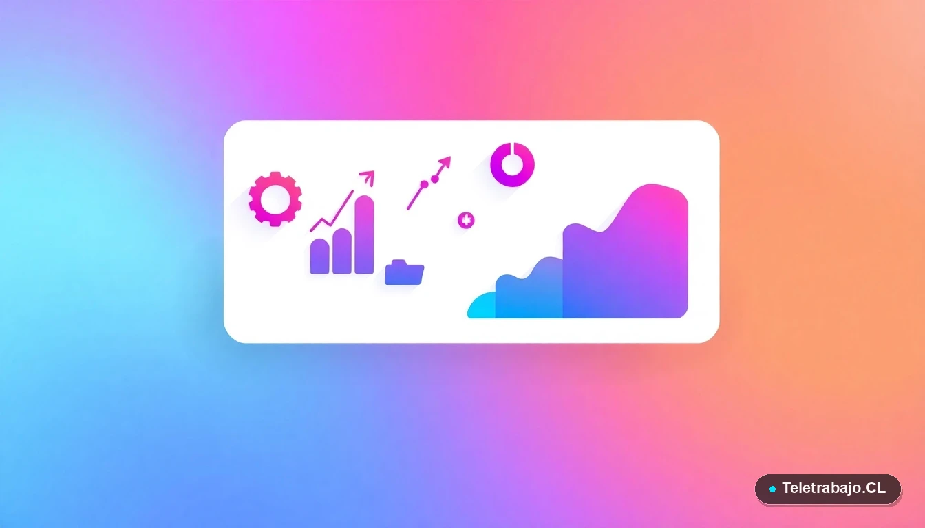 Elementos de interfaz de usuario abstractos y modernos como gráficos y engranajes flotantes, sobre fondo degradado verde menta, representando habilidades tecnológicas y de gestión.