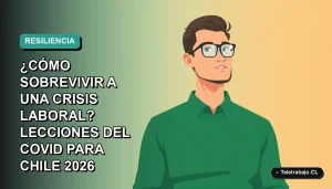 Ilustración vectorial plana de un hombre profesional con suéter verde trabajando de forma remota, sobre fondo degradado azul verdoso. Concepto de resiliencia laboral.