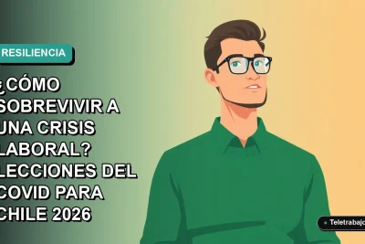 Ilustración vectorial plana de un hombre profesional con suéter verde trabajando de forma remota, sobre fondo degradado azul verdoso. Concepto de resiliencia laboral.