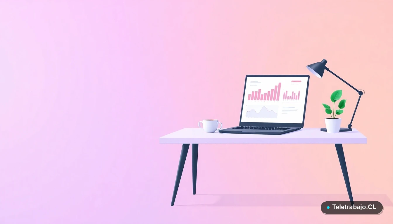 Escritorio moderno minimalista con laptop, taza de café y planta, sobre fondo degradado lila. Representa un espacio de trabajo remoto organizado y preparado.