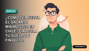 Ilustración plana de trabajador remoto hombre con suéter verde junto a un gráfico abstracto de finiquito, sobre fondo degradado azul verdoso. Concepto de cálculo de salario mínimo en Chile.