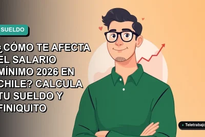 Ilustración plana de trabajador remoto hombre con suéter verde junto a un gráfico abstracto de finiquito, sobre fondo degradado azul verdoso. Concepto de cálculo de salario mínimo en Chile.
