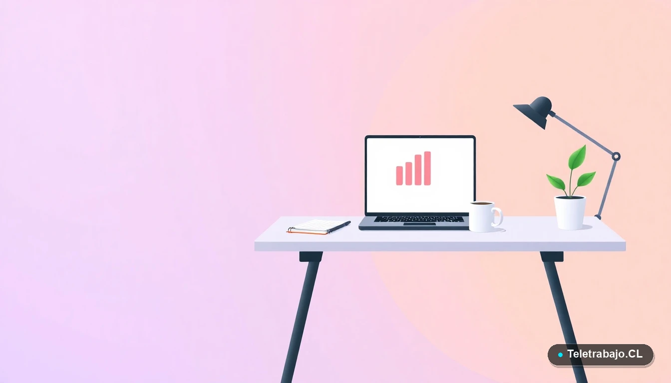 Escritorio moderno minimalista con laptop mostrando gráfico, cuaderno, planta y taza de café sobre fondo degradado lila y durazno. Concepto de cálculo y planificación financiera.