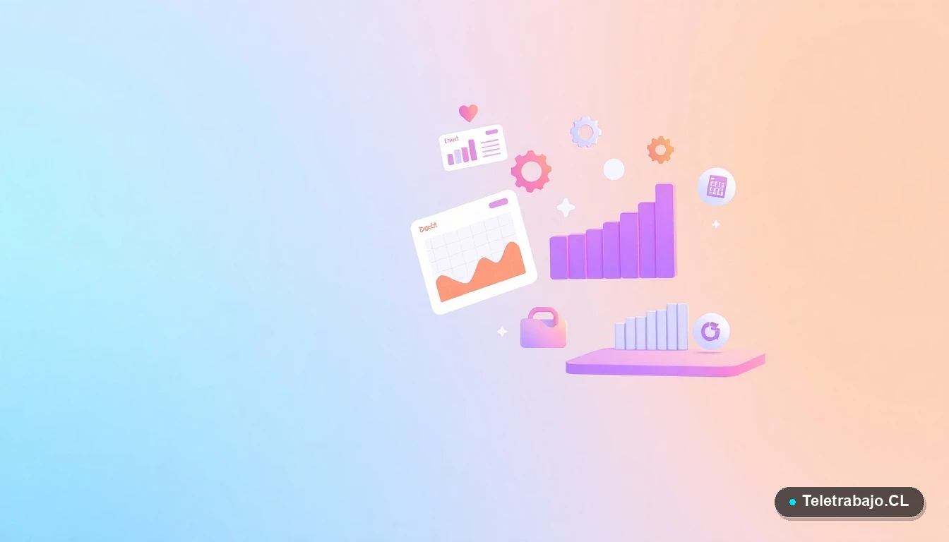 Interfaz de usuario abstracta con gráficos flotantes y elementos de Excel sobre fondo degradado lavanda y menta, representando el análisis de datos.