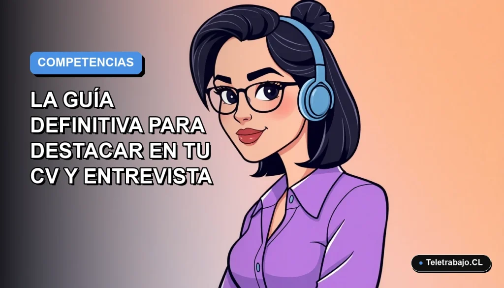 Ilustración vectorial plana de una mujer profesional chilena sonriendo, con fondo degradado azul y naranja, representando habilidades blandas para el futuro laboral.