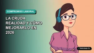 Ilustración vectorial plana de una trabajadora remota chilena con expresión pensativa, sobre fondo degradado azul verdoso.