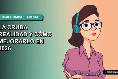 Ilustración vectorial plana de una trabajadora remota chilena con expresión pensativa, sobre fondo degradado azul verdoso.