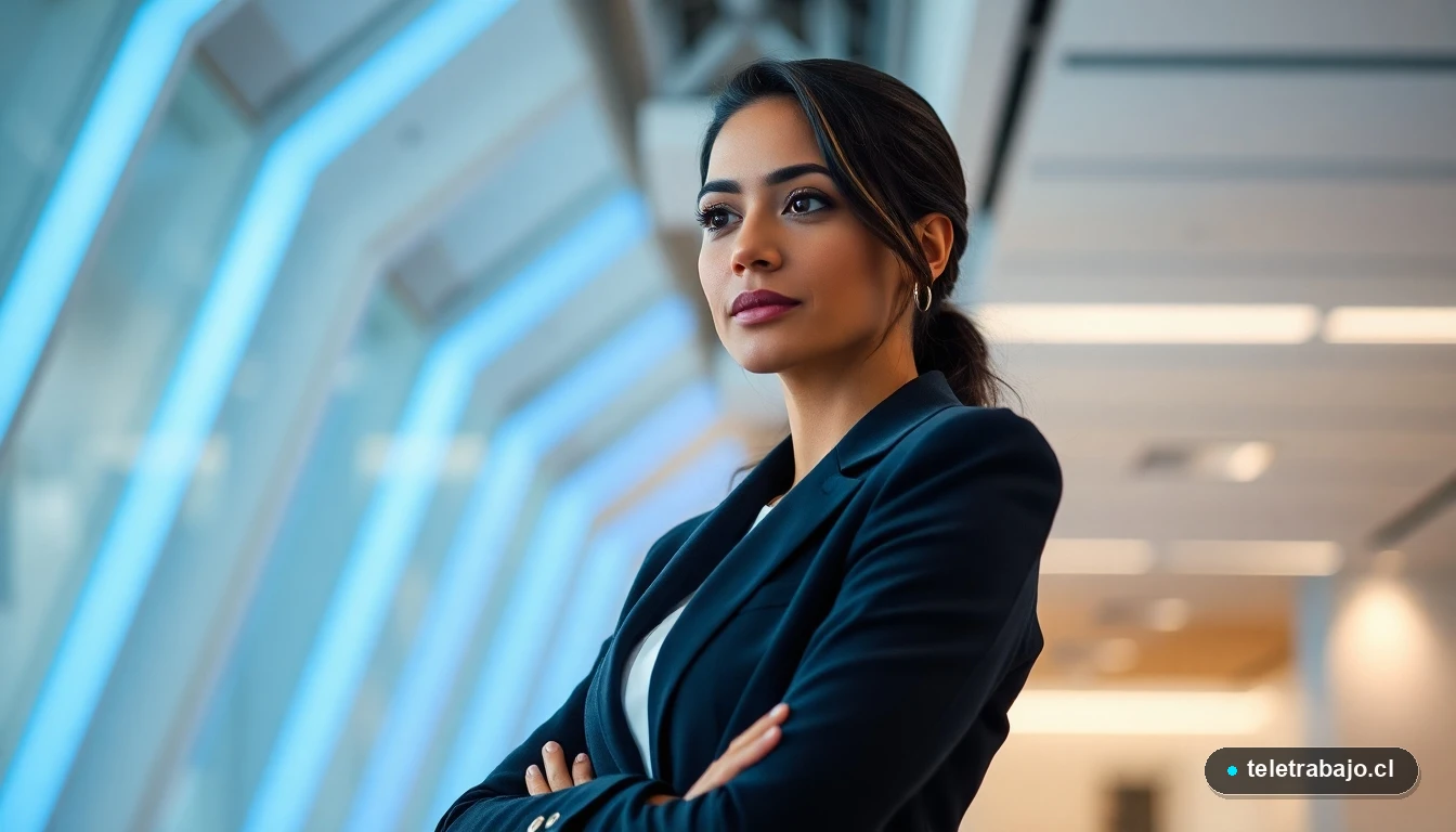 Mujer profesional desarrollando una estrategia para mejorar el compromiso de los empleados en una oficina de diseño futurista