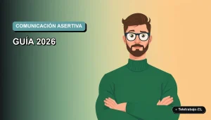 Ilustración plana corporativa de un trabajador remoto masculino con suéter verde, sobre un fondo degradado suave de color teal.