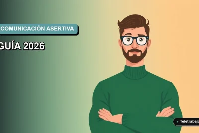Ilustración plana corporativa de un trabajador remoto masculino con suéter verde, sobre un fondo degradado suave de color teal.
