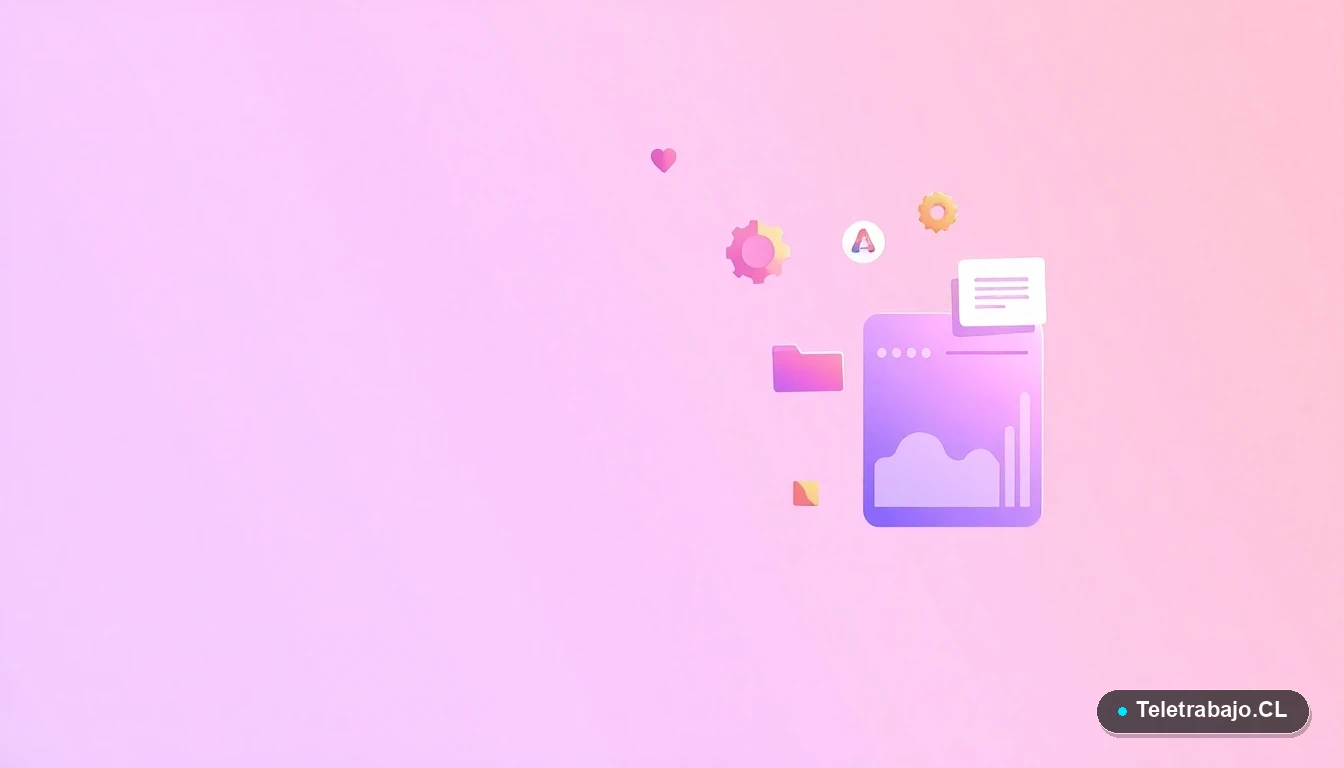 Composición abstracta de interfaz de usuario con gráficos flotantes y iconos minimalistas, sobre un fondo degradado lila.