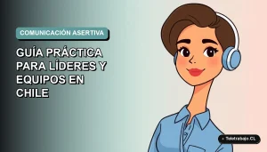 Ilustración plana corporativa de una mujer profesional chilena con blusa azul, representando la comunicación asertiva en el trabajo remoto, sobre fondo degradado suave.