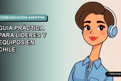 Ilustración plana corporativa de una mujer profesional chilena con blusa azul, representando la comunicación asertiva en el trabajo remoto, sobre fondo degradado suave.