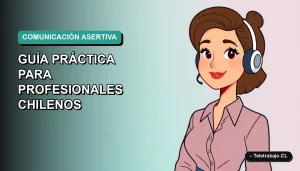 Ilustración plana corporativa de una profesional chilena de tecnología participando en una reunión virtual con comunicación asertiva.