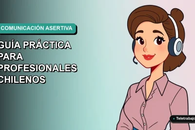 Ilustración plana corporativa de una profesional chilena de tecnología participando en una reunión virtual con comunicación asertiva.