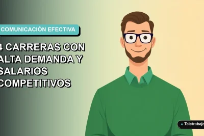 Ilustración vectorial plana de un trabajador remoto masculino con suéter verde, sobre un fondo degradado azul y verde. Representa carreras de comunicación con alta demanda en Chile.