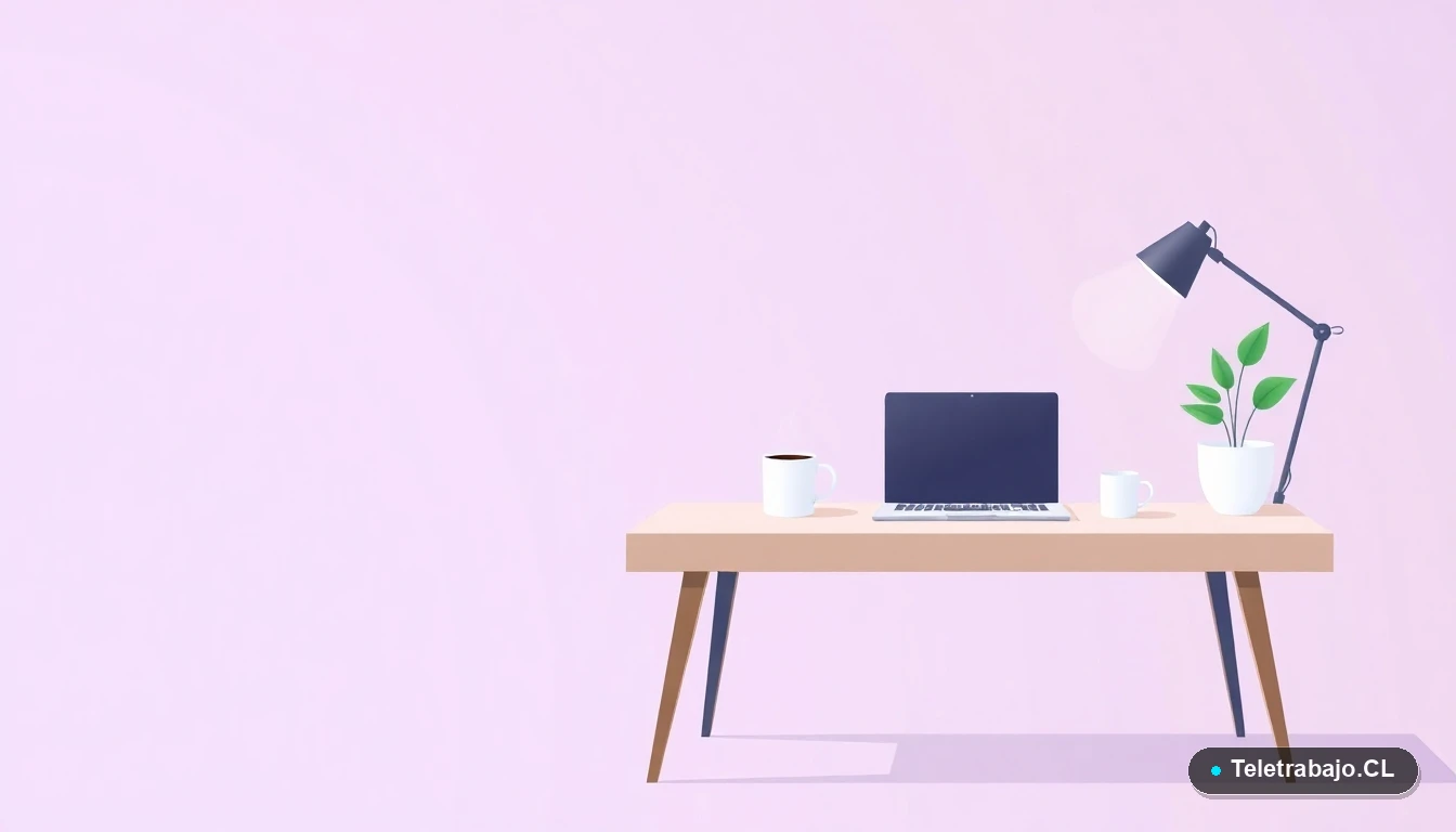 Escritorio moderno minimalista con laptop, planta y taza de café, en estilo de ilustración vectorial plana sobre fondo degradado lavanda. Representa el entorno de trabajo remoto para profesionales de la comunicación.