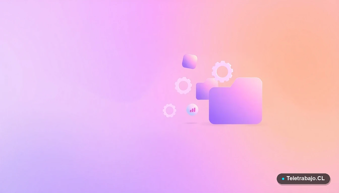 Composición abstracta de interfaz de usuario con gráficos flotantes, un engranaje y carpetas en tonos lavanda y durazno, sobre fondo degradado, concepto de tecnología y comunicación.