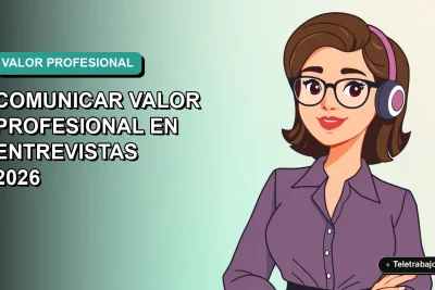 Ilustración plana corporativa de una mujer profesional de tecnología en teletrabajo, con fondo degradado azul verdoso.