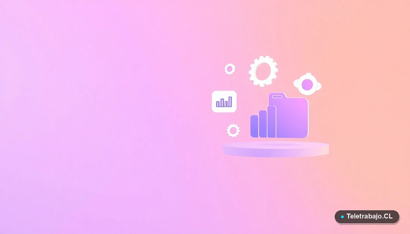 Composición abstracta de interfaz de usuario con gráficos y iconos flotantes, sobre fondo degradado lila, estilo ilustración plana corporativa.