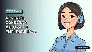 Ilustración plana vectorial de una mujer profesional chilena de teletrabajo, con blusa azul y corte bob, sonriendo, sobre fondo degradado suave azul verdoso. Espacio negativo a la izquierda.