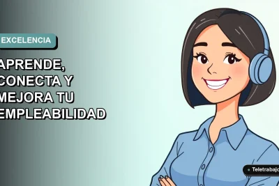 Ilustración plana vectorial de una mujer profesional chilena de teletrabajo, con blusa azul y corte bob, sonriendo, sobre fondo degradado suave azul verdoso. Espacio negativo a la izquierda.