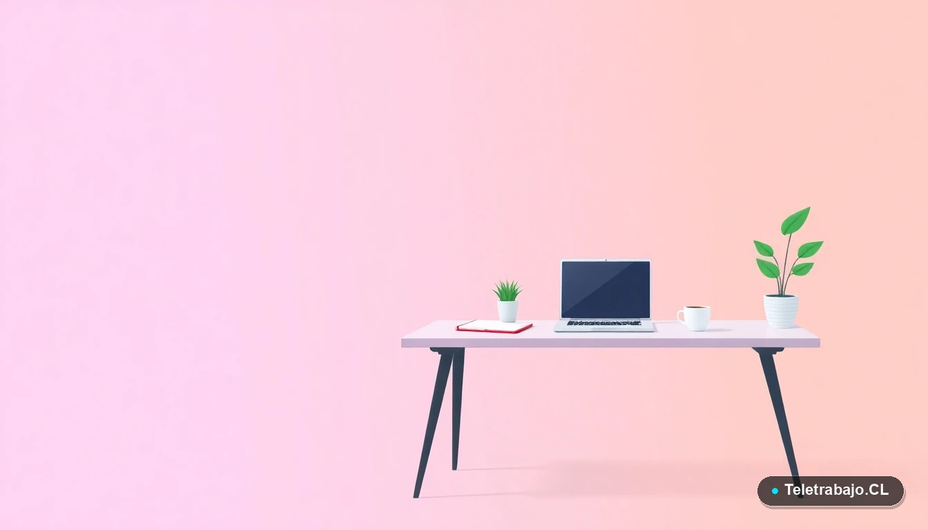 Escritorio moderno minimalista para teletrabajo, con laptop, cuaderno, taza de café y planta, en estilo de ilustración vectorial plana, sobre fondo degradado lavanda y durazno.