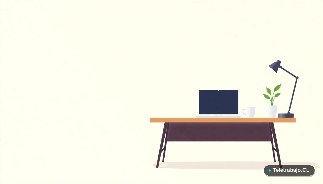 Escritorio moderno minimalista para teletrabajo con laptop, taza de café y planta, ilustración plana con fondo degradado.