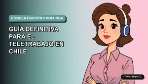 Ilustración plana corporativa de una mujer profesional chilena trabajando remotamente con concentración, estilo vectorial moderno, fondo gradiente suave.