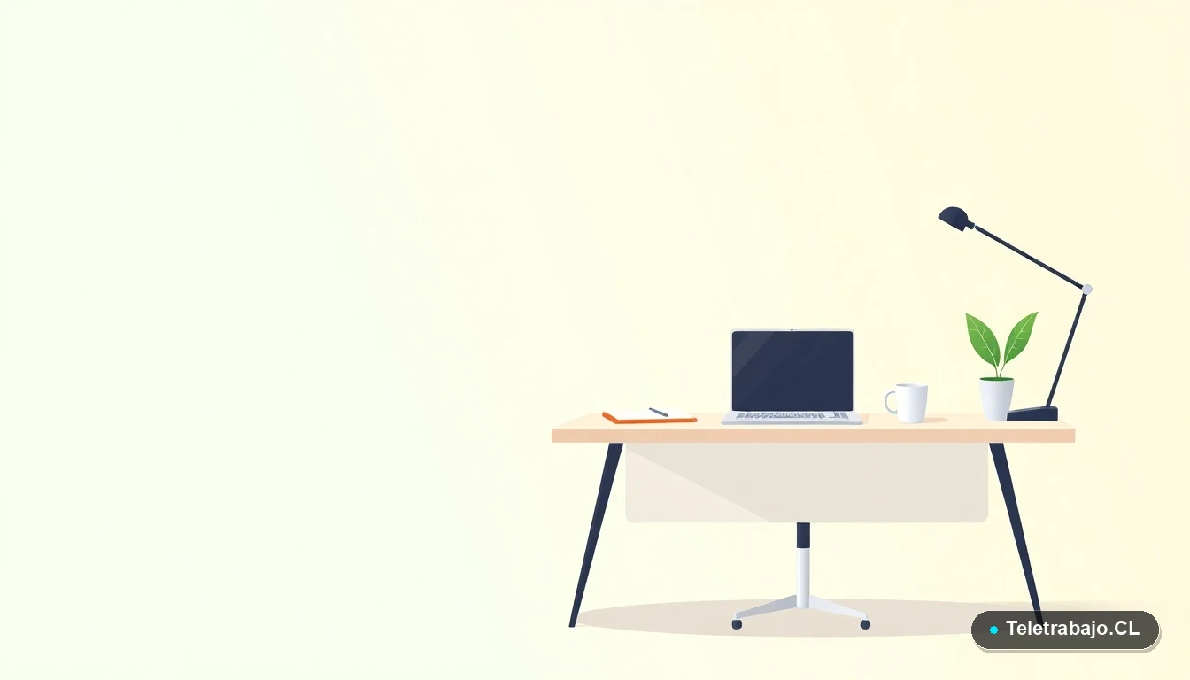 Escritorio moderno minimalista para teletrabajo con laptop, café y planta, ilustración vectorial plana, fondo gradiente.