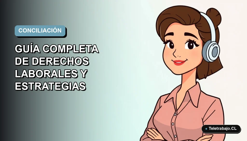 Ilustración plana corporativa de una mujer profesional trabajando desde casa, representando la conciliación laboral y familiar en Chile. Fondo con gradiente suave azul verdoso.