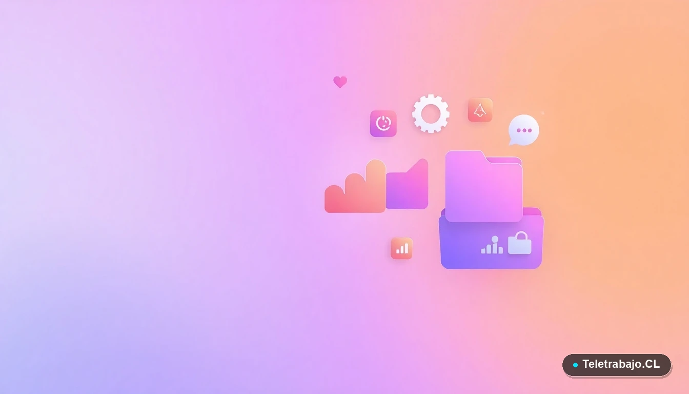 Elementos de interfaz de usuario abstractos y modernos, como gráficos y engranajes flotantes, representando herramientas y estrategias laborales para la conciliación familiar.