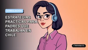 Ilustración plana corporativa de una mujer profesional trabajando en verano, con fondo degradado azul y naranja, representando la conciliación laboral y familiar.