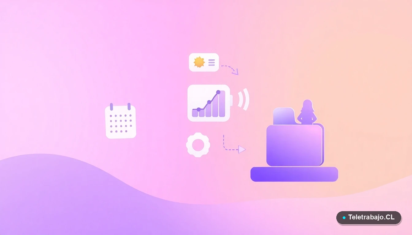Elementos de interfaz de usuario abstractos y minimalistas, como un calendario, gráficos y un engranaje, sobre fondo degradado lila y menta, simbolizando la planificación y herramientas para la conciliación.