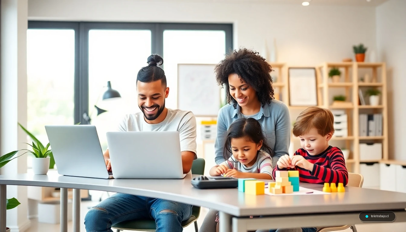 Familia conciliando teletrabajo y cuidado infantil en casa de forma armoniosa