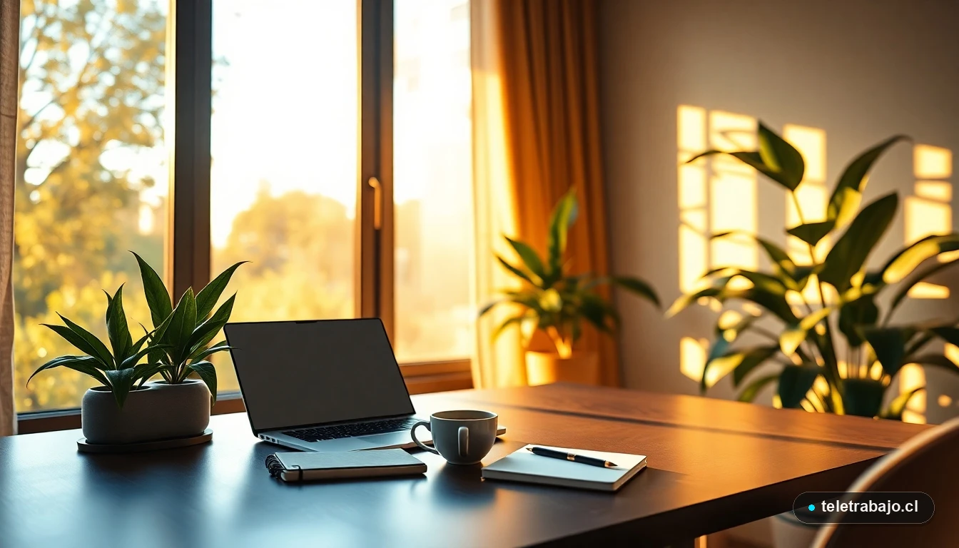 Escritorio moderno en casa con portátil, café y plantas, iluminado por la luz cálida del atardecer, ideal para el teletrabajo.