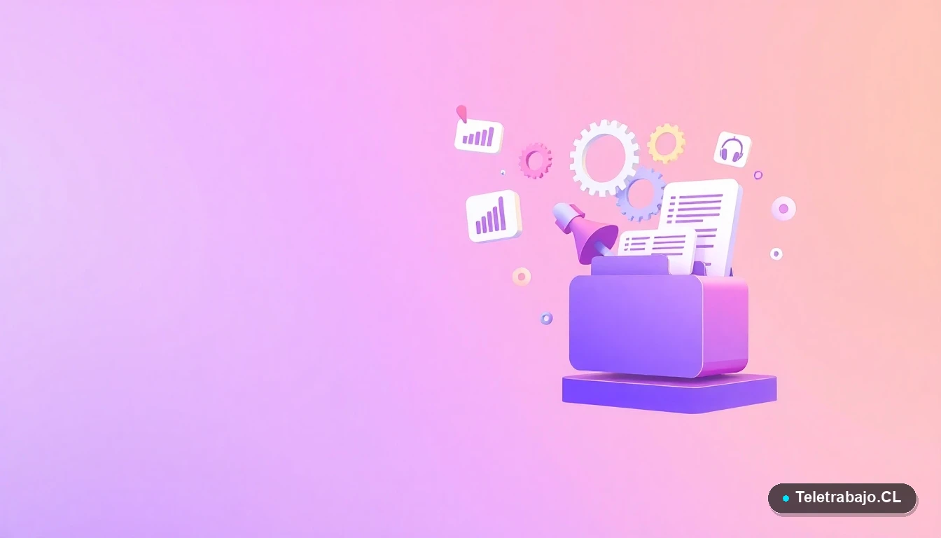 Elementos abstractos de interfaz de usuario: gráficos flotantes, engranajes y carpetas de documentos, sobre fondo degradado lila.