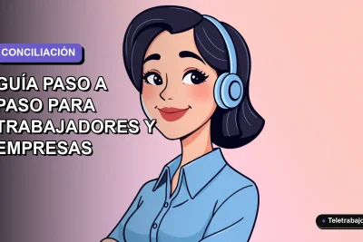 Ilustración vectorial plana de una mujer profesional chilena sonriendo, con blusa azul y corte de pelo moderno, sobre fondo degradado lavanda suave. Representa la conciliación laboral y el teletrabajo.