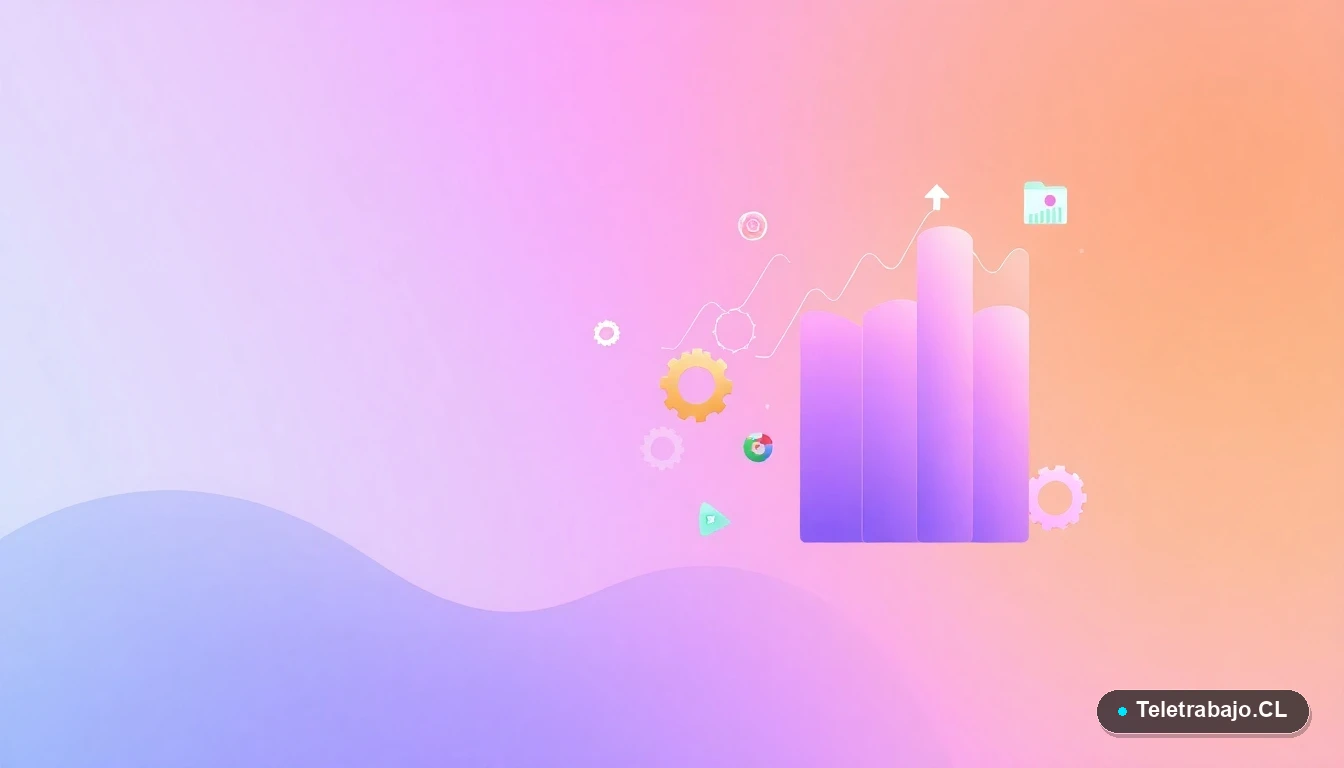 Composición abstracta de interfaz de usuario tecnológica con gráficos flotantes, engranajes y carpetas minimalistas, sobre un fondo degradado de colores vibrantes, representando conceptos de productividad y organización laboral.