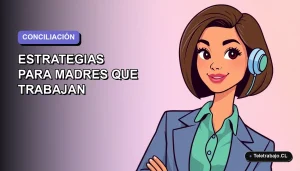 Ilustración vectorial plana de una madre profesional chilena trabajando remotamente con estilo moderno, sobre fondo degradado lila suave.